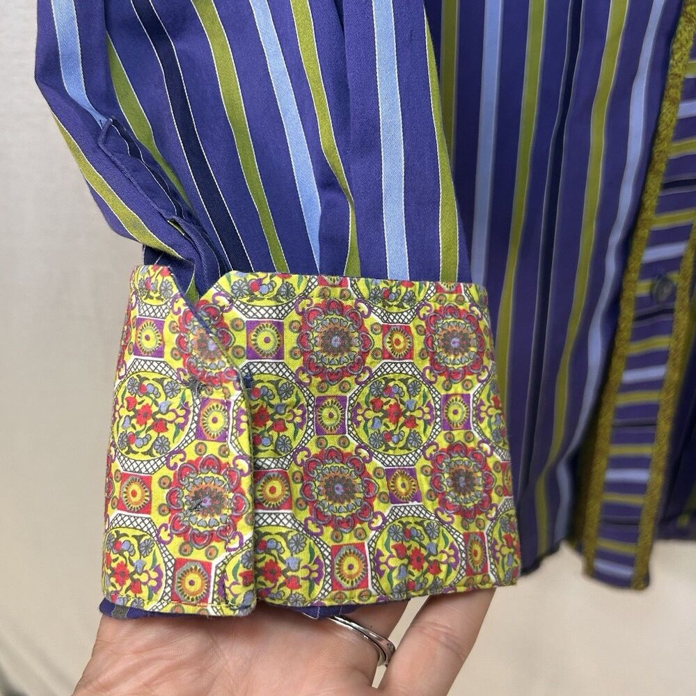 Robert Graham Shirt Mens XL Striped Embroidered Flip Cuff Button Up Long Sleeve - Picture 3 of 12